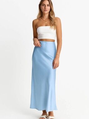 NWT Baby Blue Satin Midi Skirt